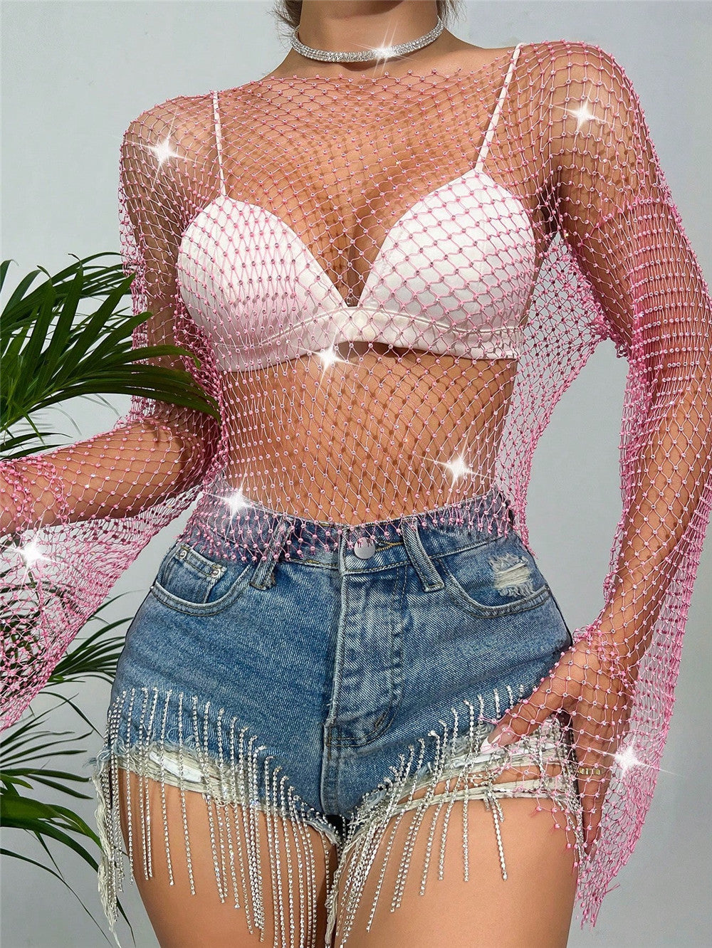 Fishnet Rhinestone Sexy Hollow-Out Summer Beach Womens T-Shirt Top