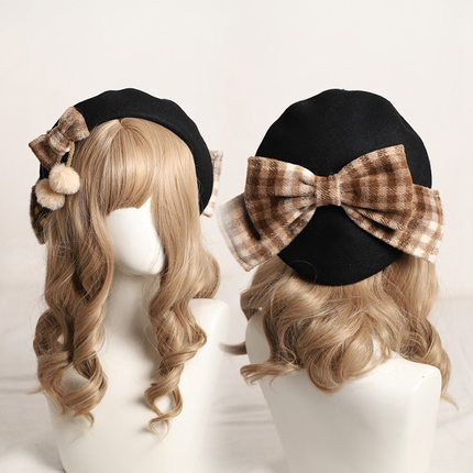 Handmade Plaid Pom Pom Bow Beret