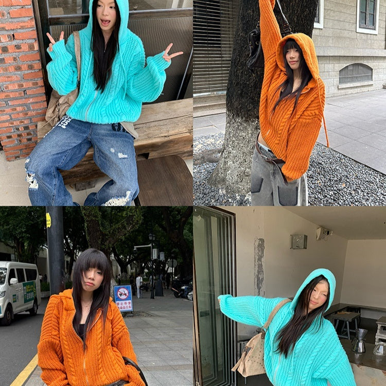 Idle Style Twist Knitted Hooded Sweater