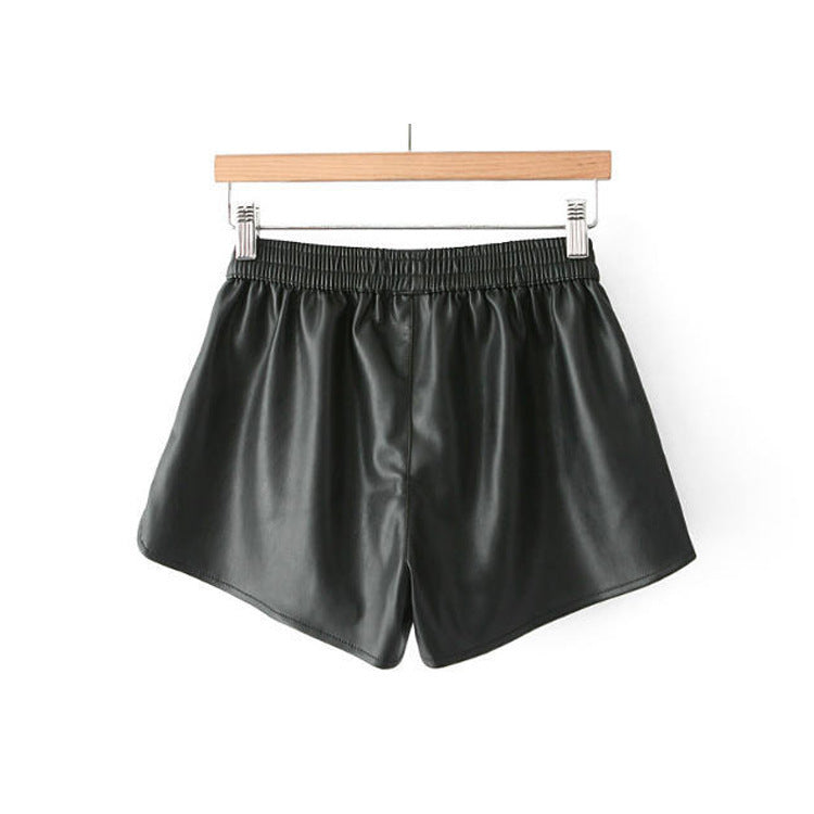 Women's PU Leather Elastic Waist Leather Casual Shorts