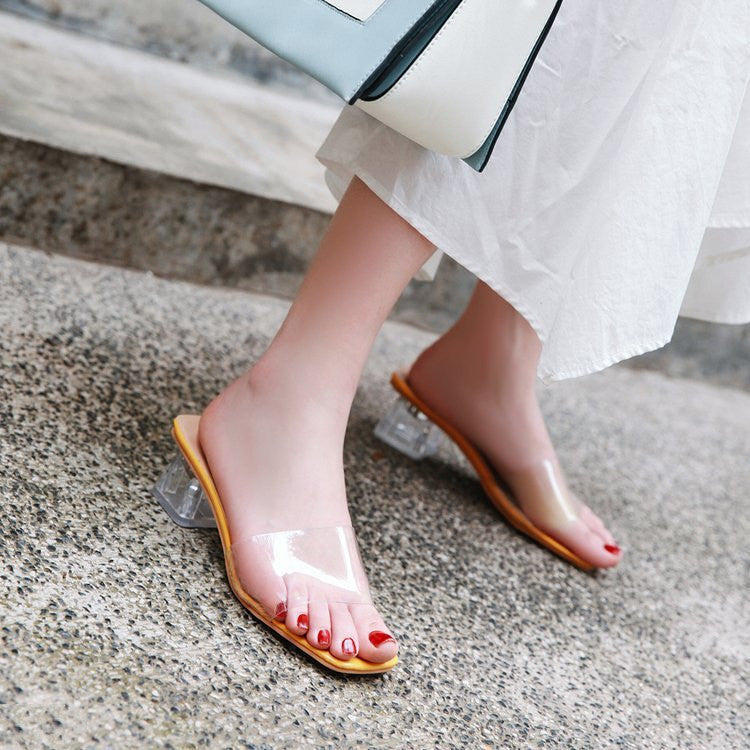The New Transparent Belt One Word Thick Heel Sandals Women