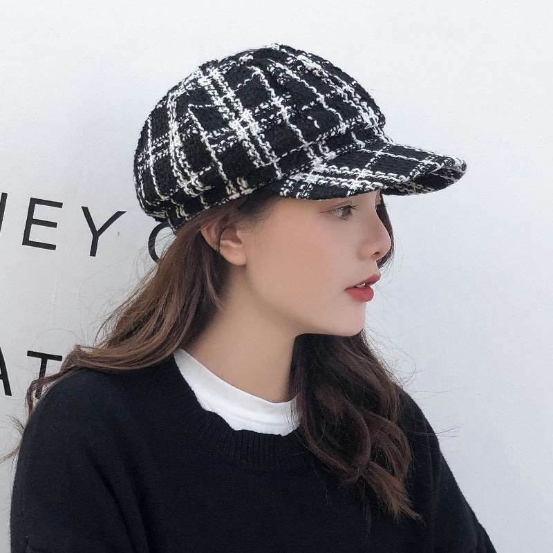 Retro Literary Octagonal Hat Plaid Beret