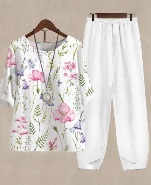 Womens Casual Crew-Neck Cropped-Sleeve Top Set