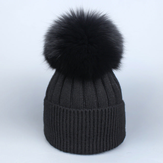Fox Fur Warm Winter Hat With Ball For Women Child Girl Wool Thick Knitted