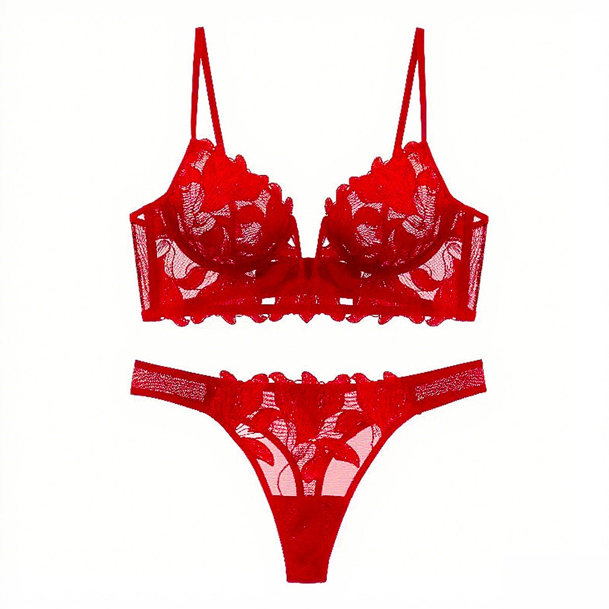 European And American Underwear Gathered Deep V Three-dimensional Embroidery Mesh