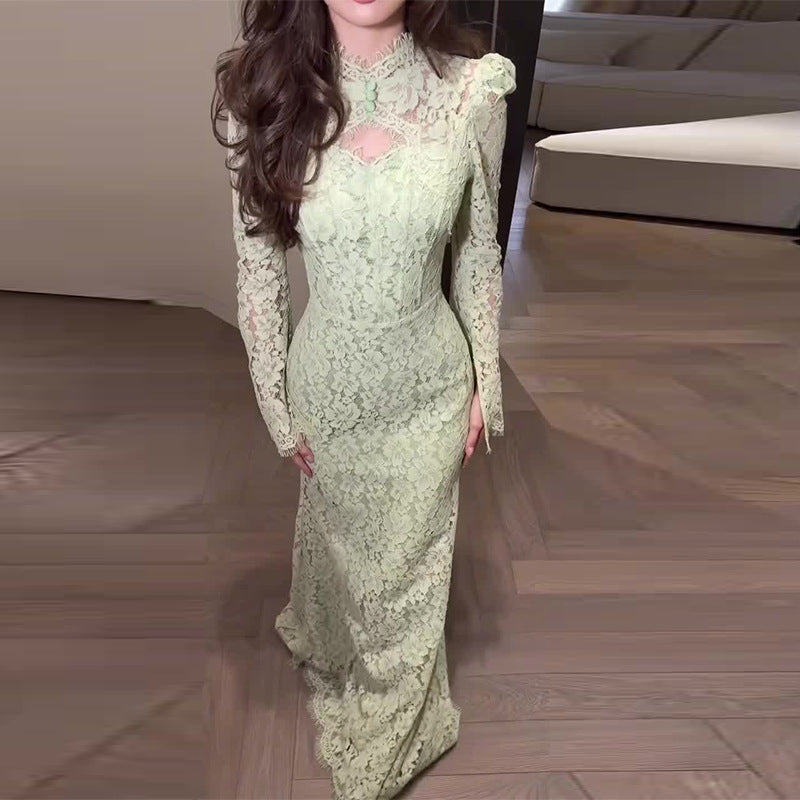 Women's Sexy Lace Hollow-Out Long-Sleeve Dress