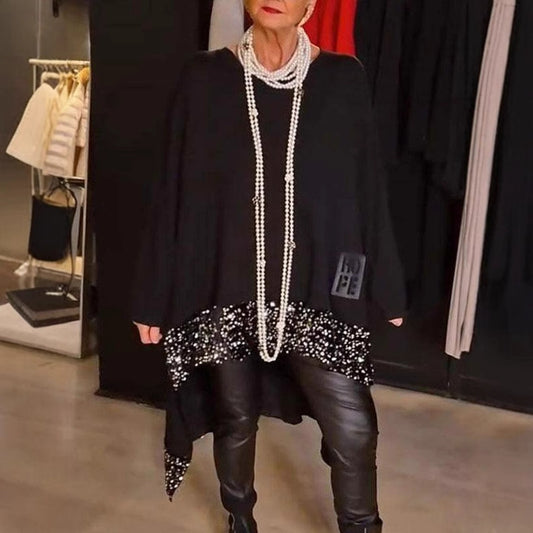 Loose And Irregular Hem Sequin Stitching Round Neck Long Sleeve Top