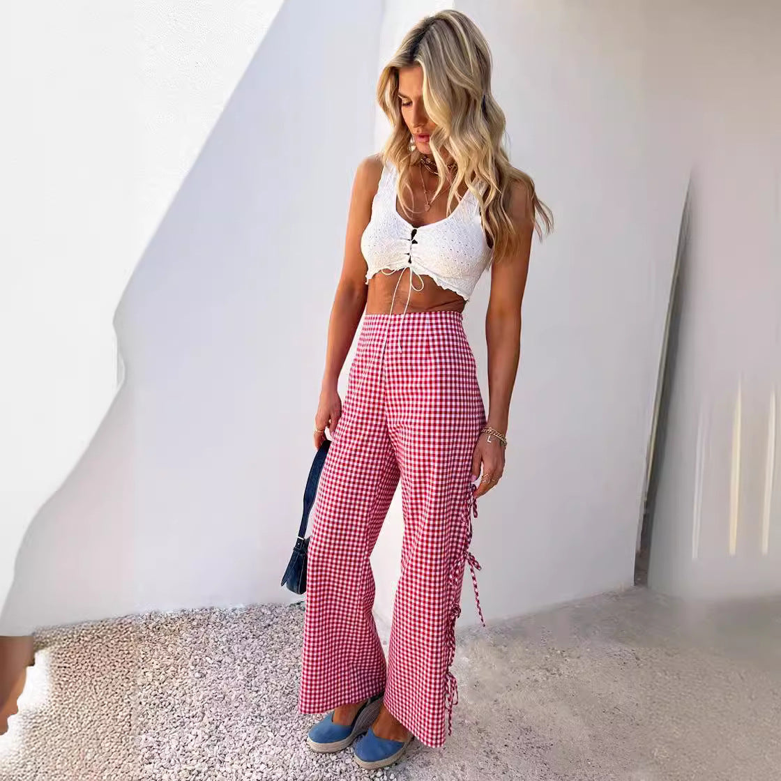 Women's Floral Print Slit Tie-neck Plaid Trousers