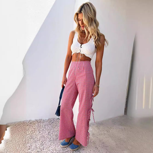 Women's Floral Print Slit Tie-neck Plaid Trousers