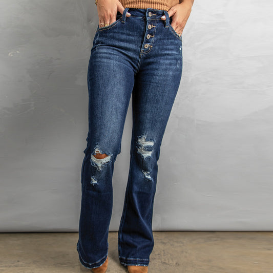 European And American Slim Women's Washed Hole High Waist Jeans