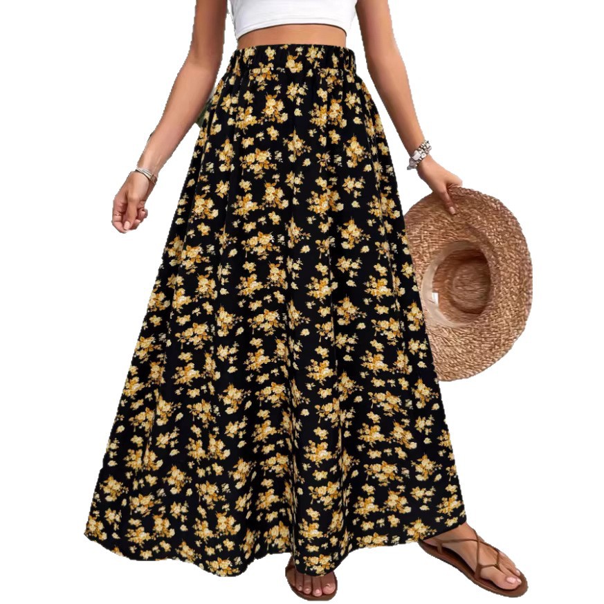 Bohemian Floral Print Waist-Cinching Lightweight Flowy Summer Maxi Skirt