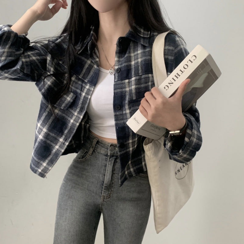 Short Long Sleeve Plaid Shirt Fashion Baggy Coat