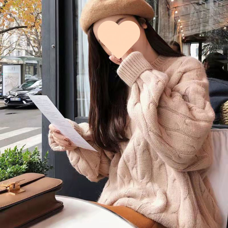Autumn And Winter Female Students Fleece-lined Thickened Cable-knit Sweater