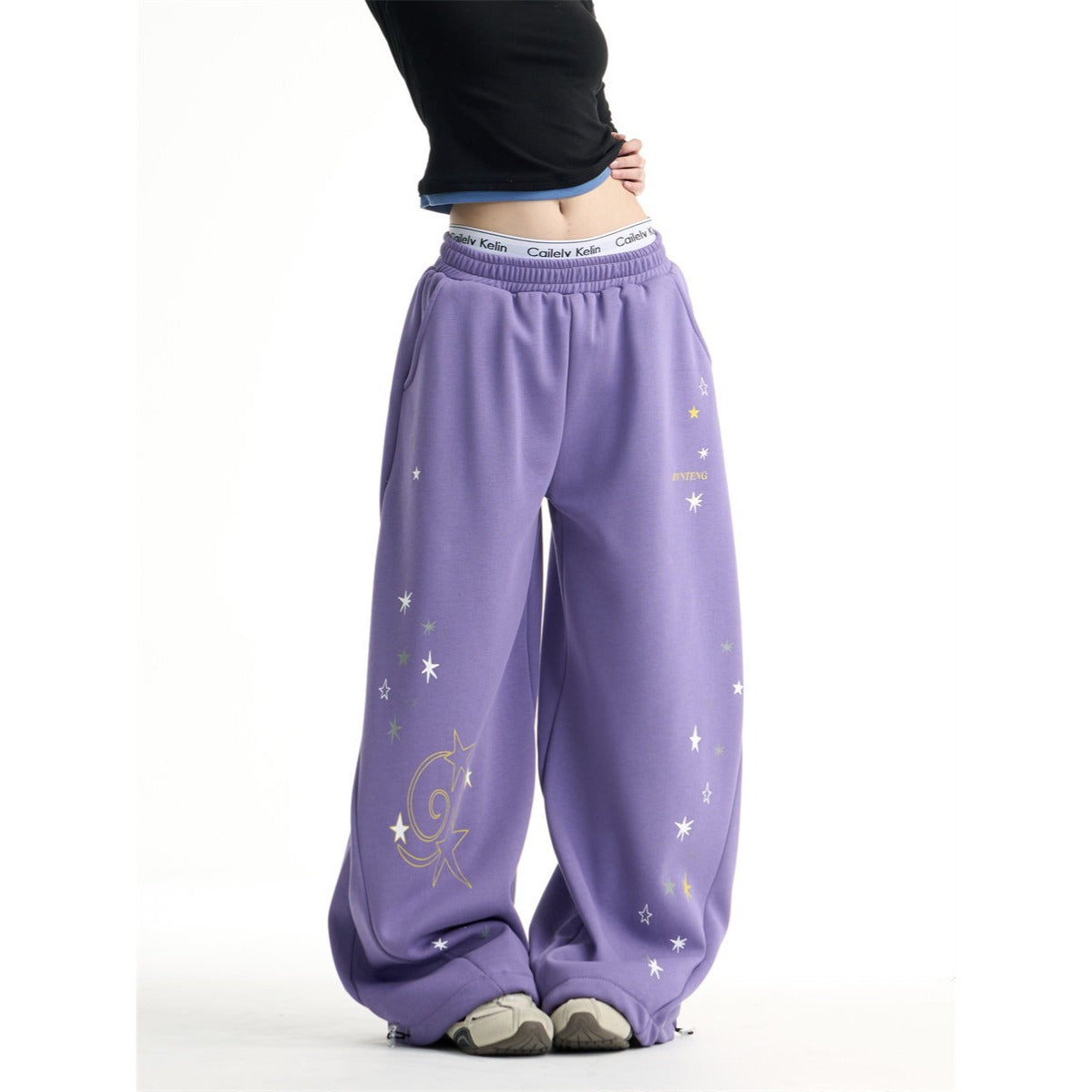 Womens Retro Star Drawstring Wide-Leg Sweatpants