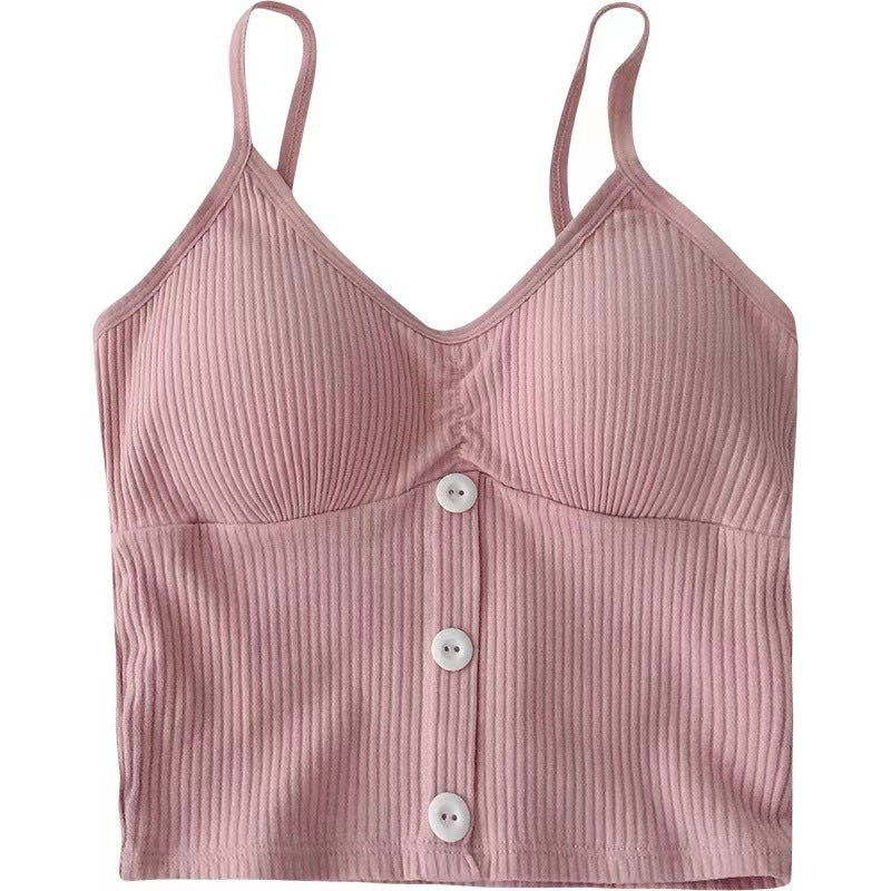 Button Solid Color Camisole Cotton Vest Girl