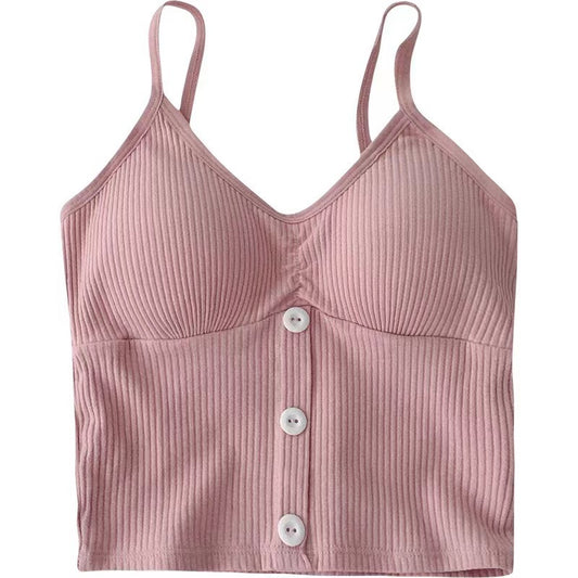 Button Solid Color Camisole Cotton Vest Girl