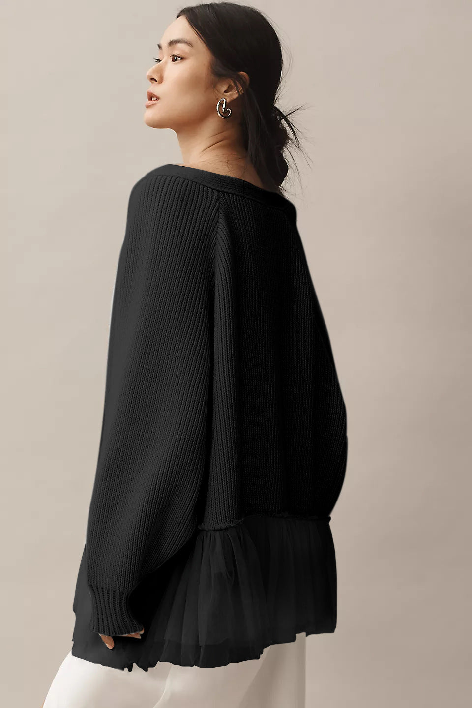 Ruffled Gauze Knitting Sweater Cardigan Long Sleeve