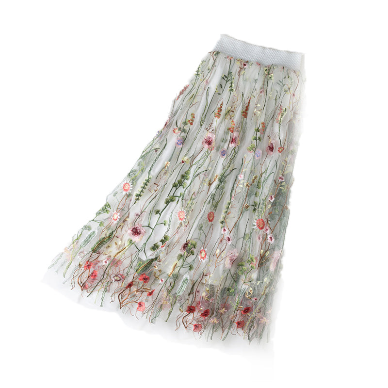 Lace Embroidered Gauze Skirt High Waist Slimming Large Size Flesh-covering