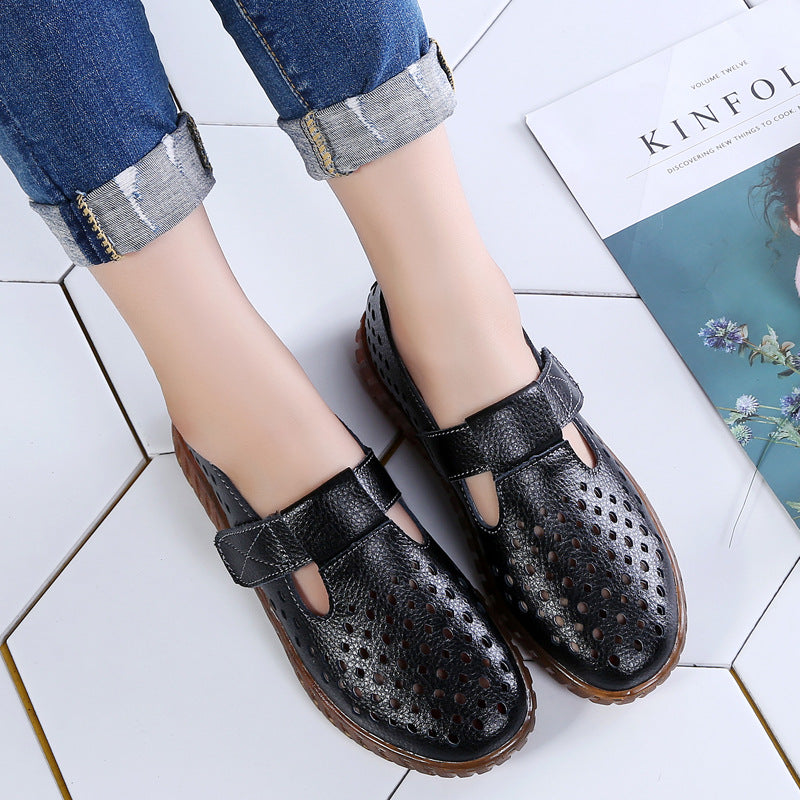 Women's Soft Surface Cutout Flat Heel Leather Shoes