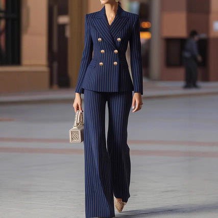 Womens Fashionable Minimalist-Line Double-Breasted Blazer Suit
