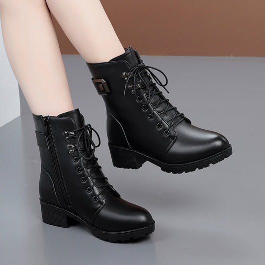 New Leather Martin Mid-tube Women's Boots Thick Heel Waterproof Platform