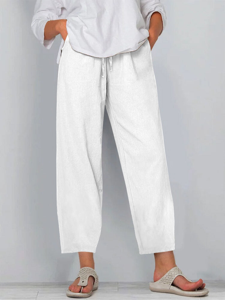 Elastic Waist Solid Color Cotton And Linen Wide Leg Casual Trousers