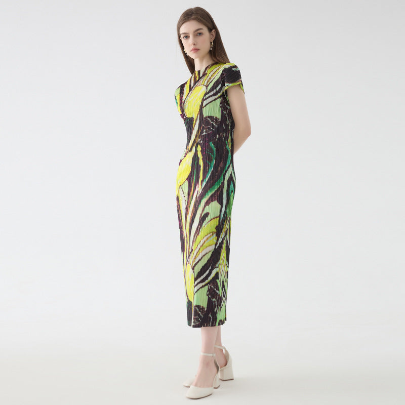Flounced Sleeve Printed Pleated Dress