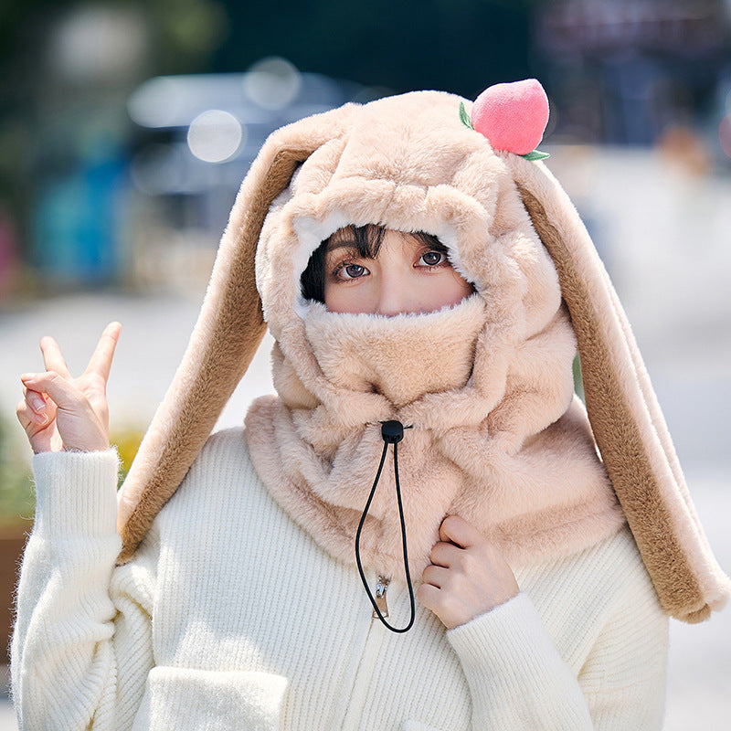 Winter Warm Peach Rabbit Mask Hat Scarf Integrated