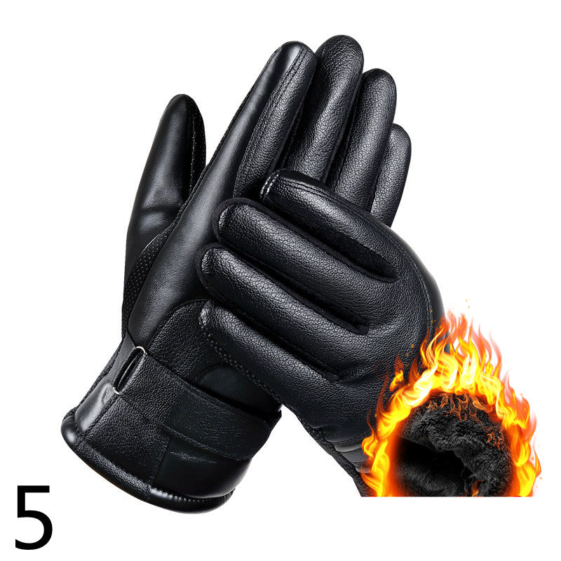 Men's Winter Riding Plus Velvet Thick Windproof Leather Gloves