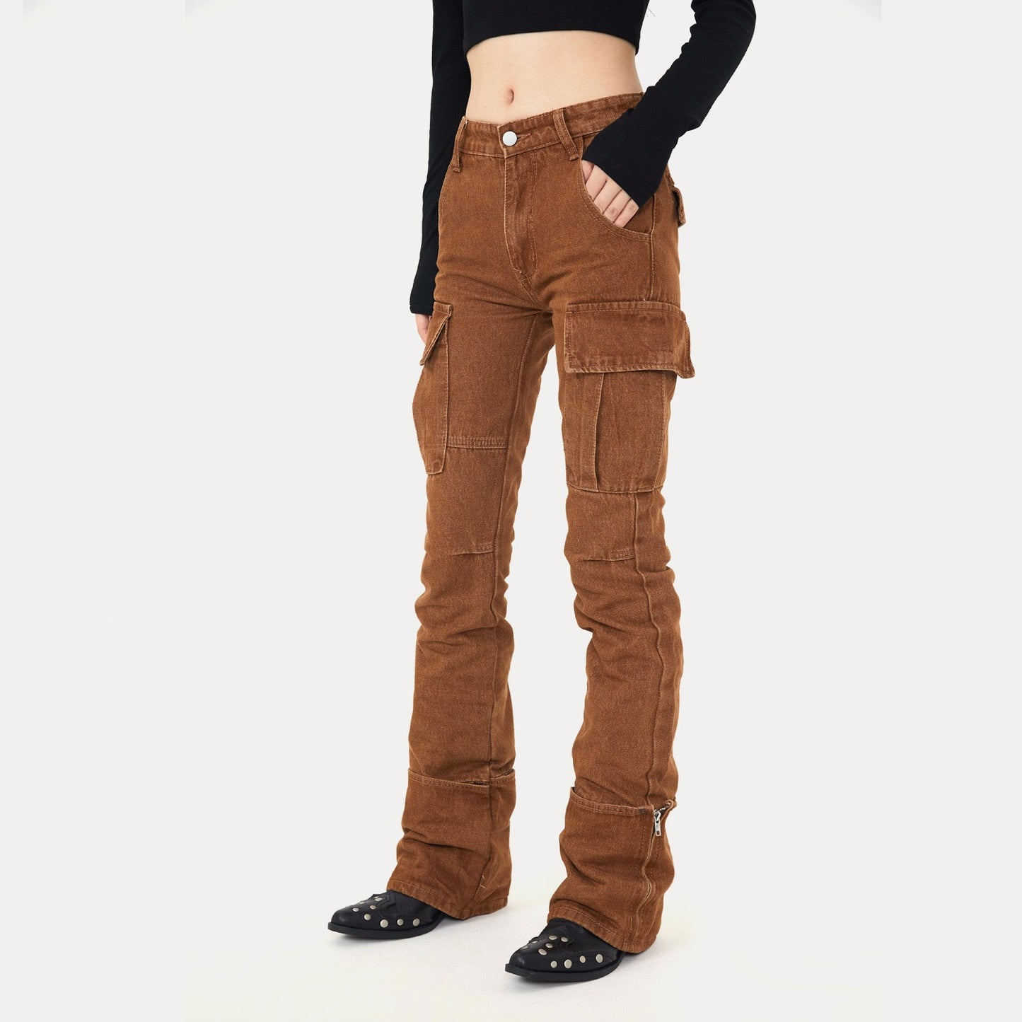 The Ins Wind Casual Niche Brown Micro-labelled Denim Pants Female
