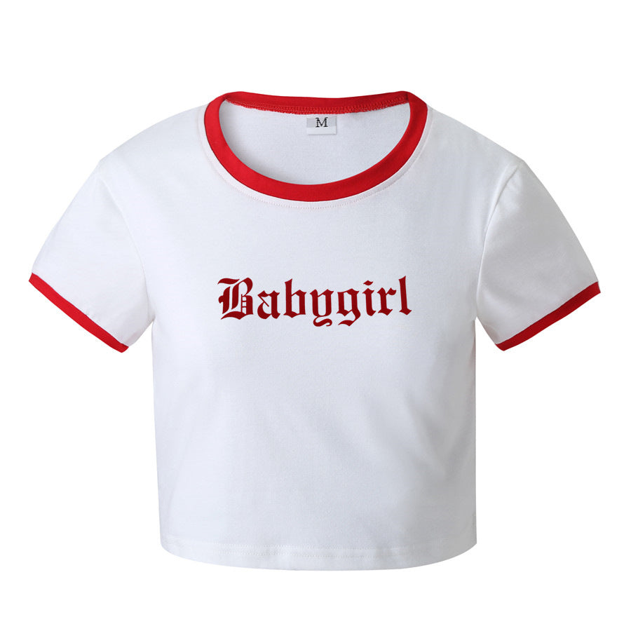 Letter-print Contrast-color Slim-fit Short-sleeve T-shirt