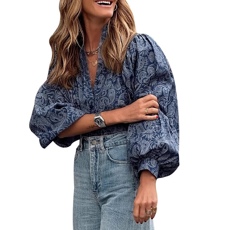 Casual Printed Puff Sleeve Blouse Shirt