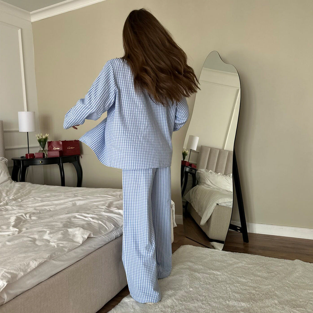 Grid Long Sleeve Long Pants Pajama Set Homewear For Women
