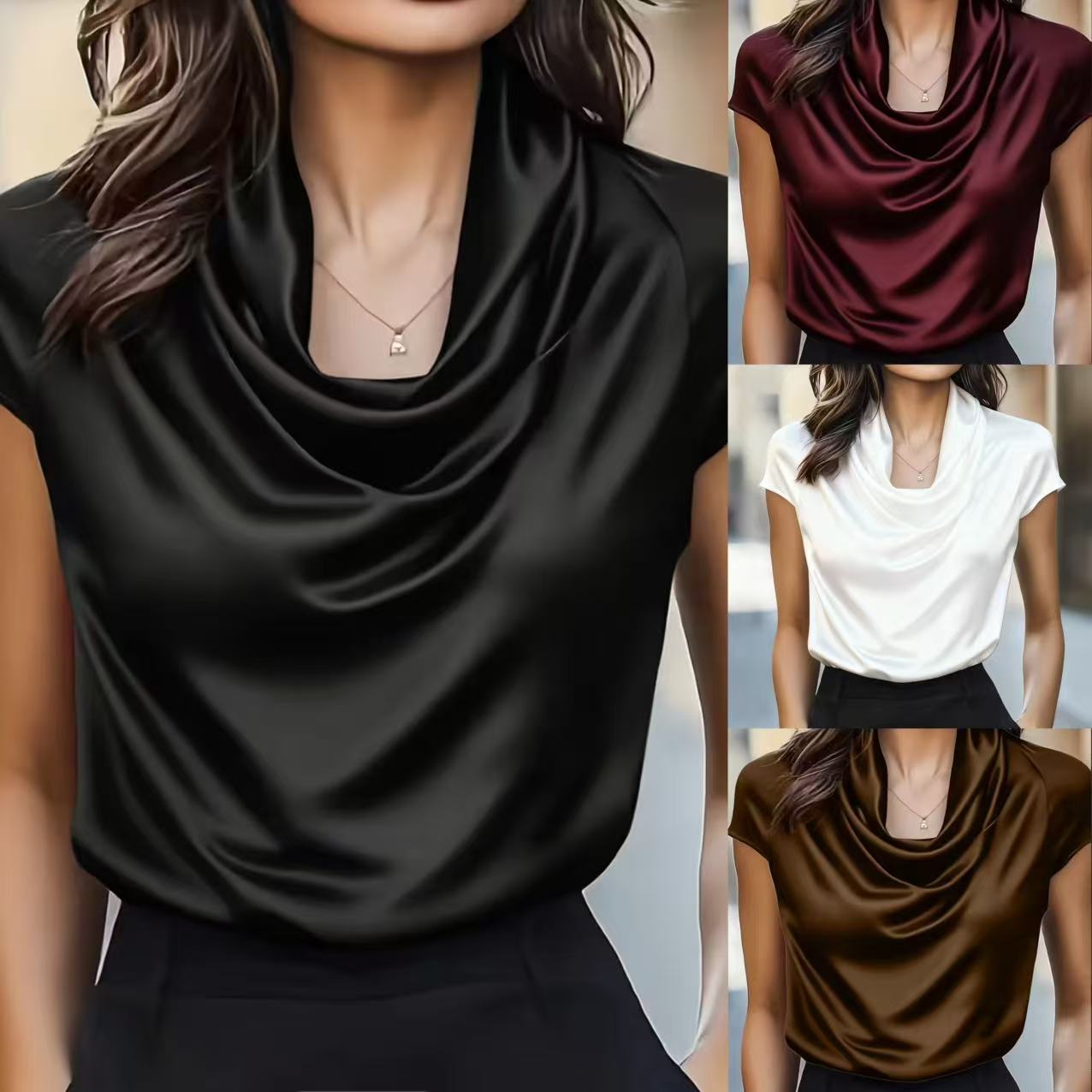 Womens Solid-color Boat-neck Drapey Short-sleeve Top