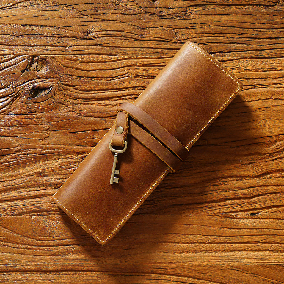Vintage Cowhide Pen Bag Three Fold Pen Clip Rolling Shutter Stationery