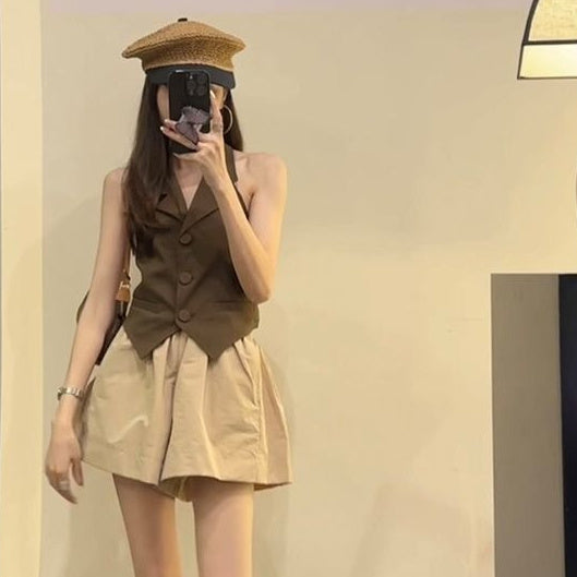 Two-piece Set Blazer-collar Vest Paired With Versatile Casual Wide-leg Shorts