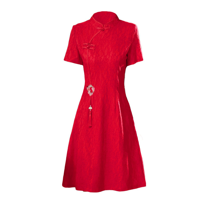 Traditional Chinese-style Red Bridal Toast Dress For The Return-to-parents-home Visit Featuring A Retro Short-sleeve Design
