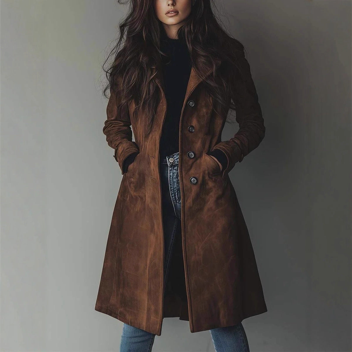 Lang trenchcoat til kvinder i westernstil til efterår og vinter