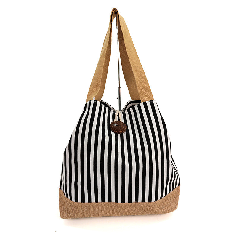 New Striped Canvas Large-Capacity Shoulder Commuter Tote Bag