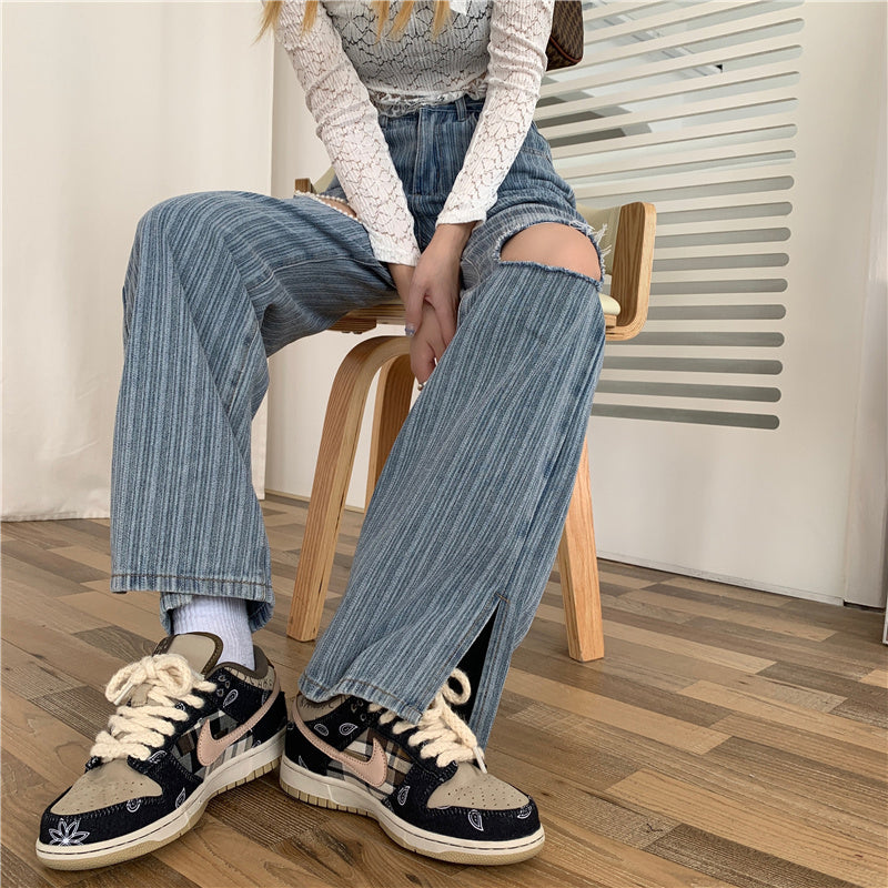 Women's High Waist Slim All Match Waist Straight Jeans