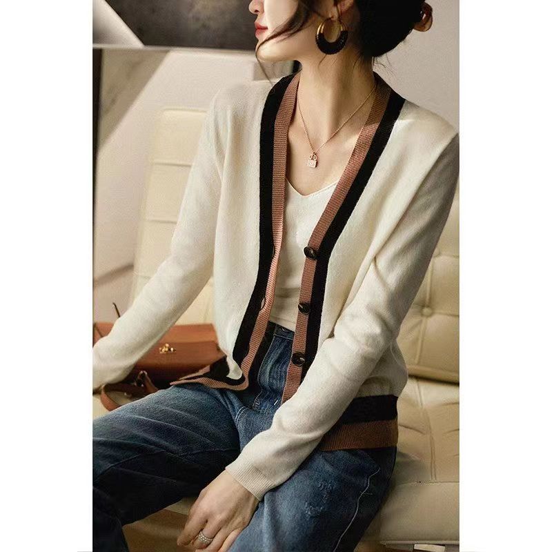 Color-block V Neck Cardigan Knitted Women's Long-sleeved Sweater Outer Tops
