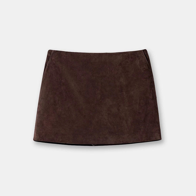 Distressed Sheepskin Suede Simple Sheath Skirt