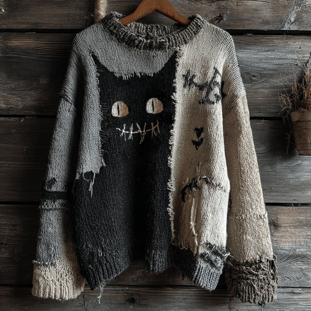 Womens 3D Digital-print Crew-neck Loose Sweater