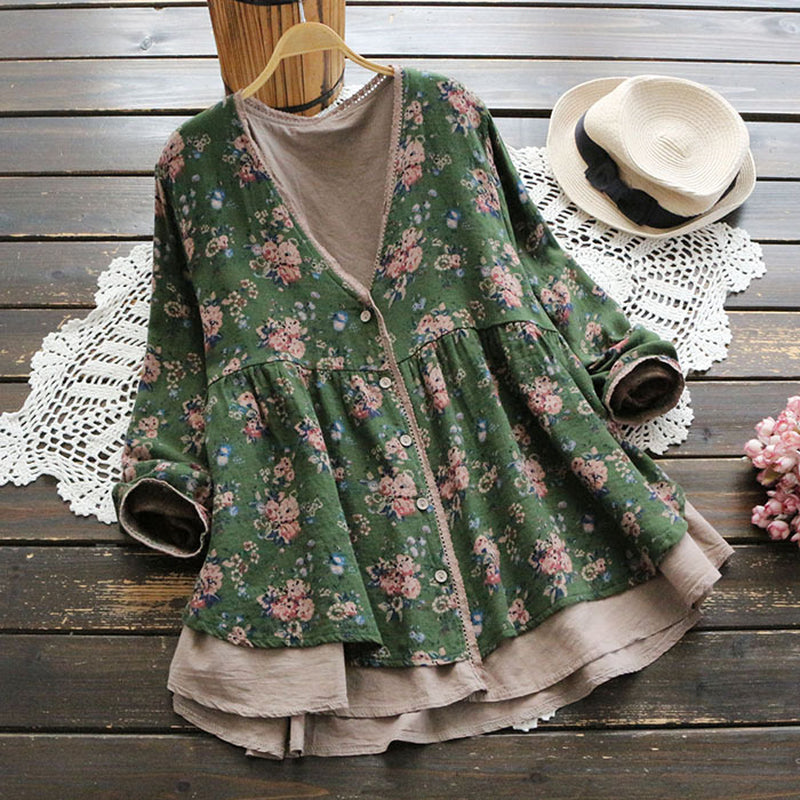 Small Floral V-Neck Fake Two Long-Sleeved Loose Large Size Blouses