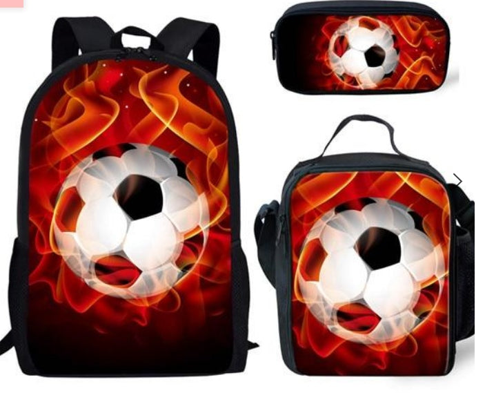 Football Print Children's Three-piece Backpack Satchel Big Pen Bag Student Backpack