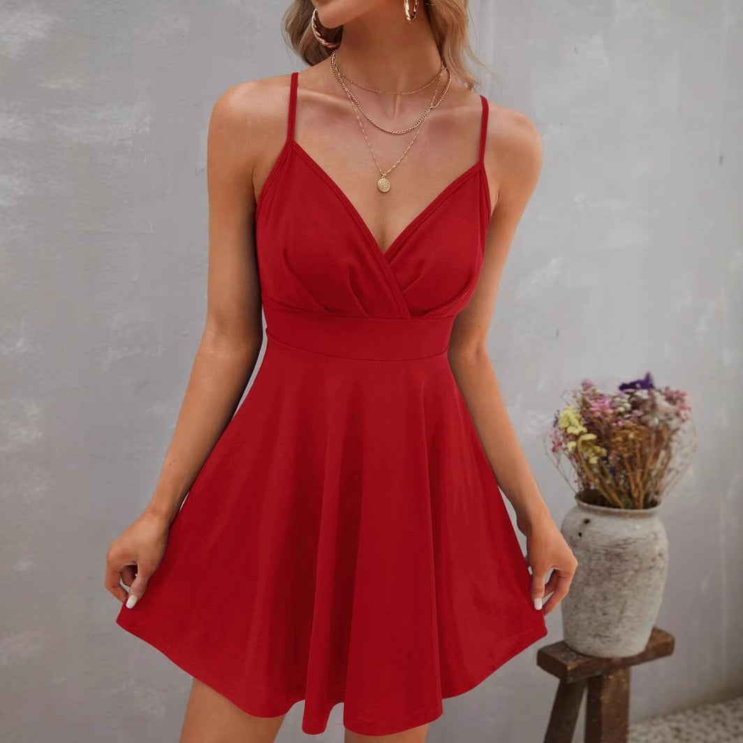 Summer Solid Color V-Neck High-Waist Strap Backless Dress
