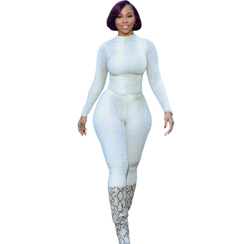 Street-style Digital-print Long-sleeve Fitted Top And Slim-fit Pants Set