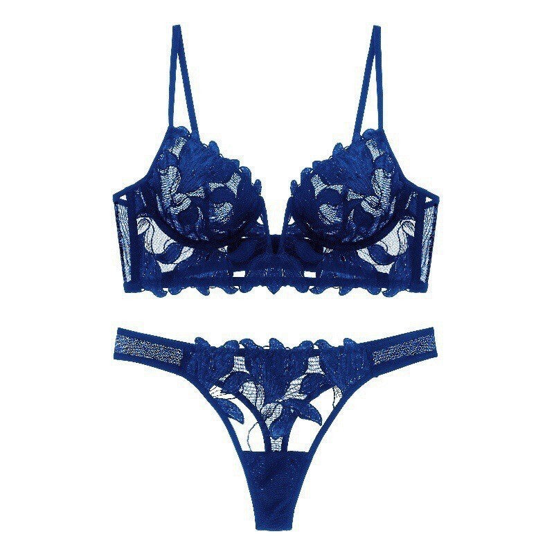 European And American Underwear Gathered Deep V Three-dimensional Embroidery Mesh