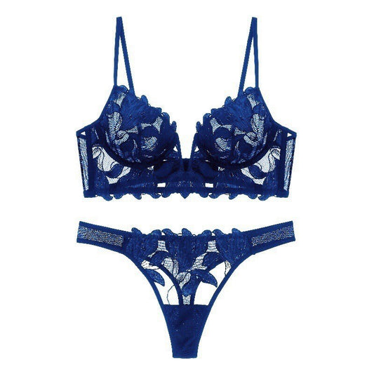 European And American Underwear Gathered Deep V Three-dimensional Embroidery Mesh