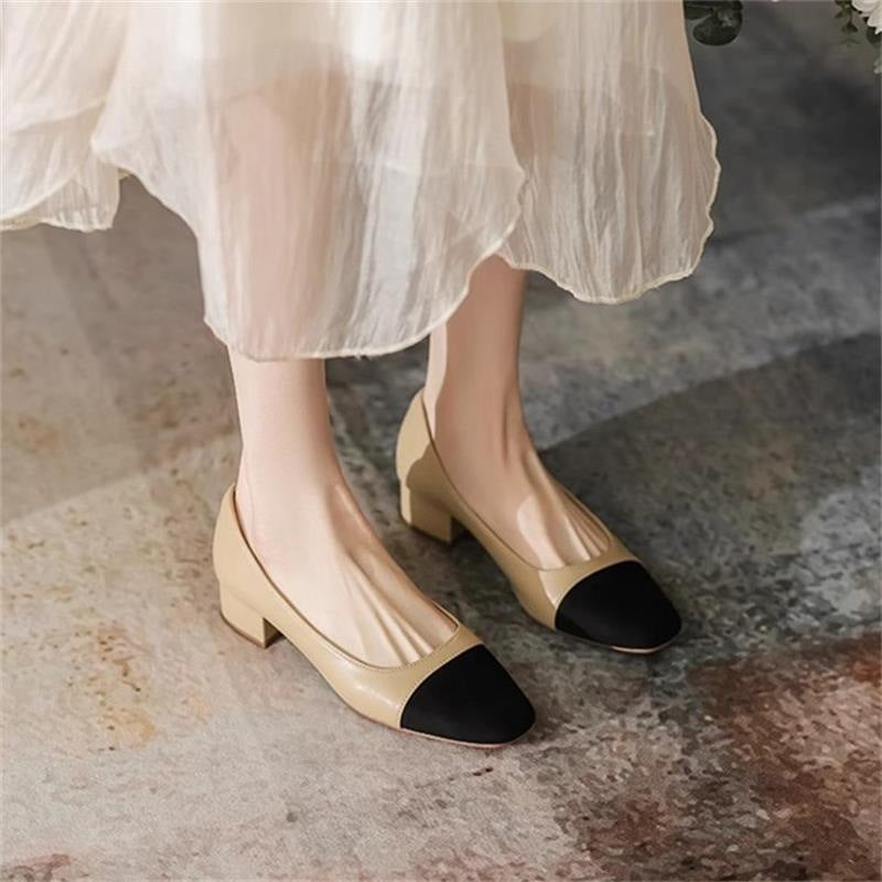 Franske bløde læder-patchwork Chanel-inspirerede pumps med blokhæl og firkantet tå til kvinder